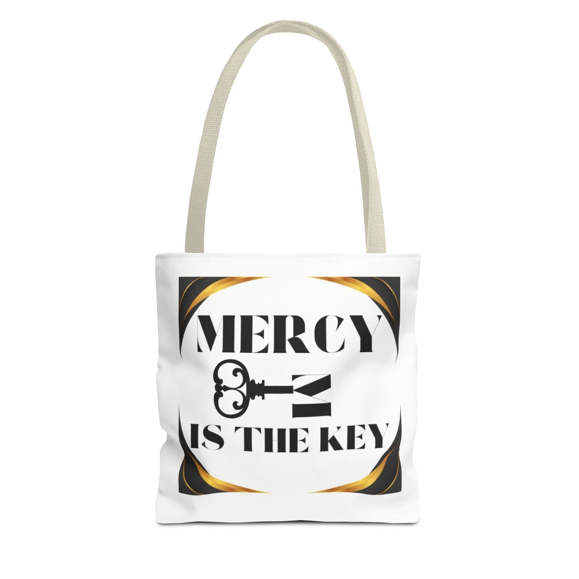 Black Gold Border Mercy Is The Key Tote Bag (AOP) - criminaljusticereformationalliancestore.com