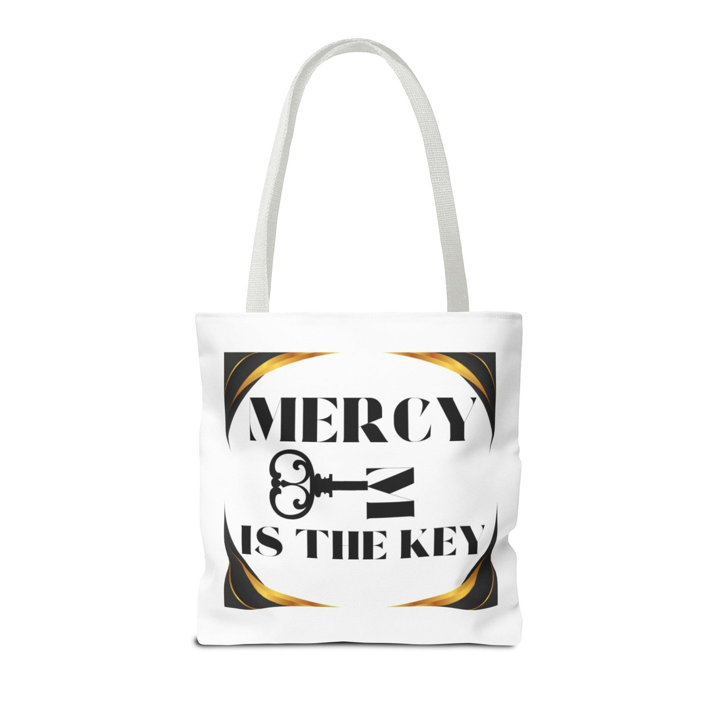 Black Gold Border Mercy Is The Key Tote Bag (AOP) - criminaljusticereformationalliancestore.com