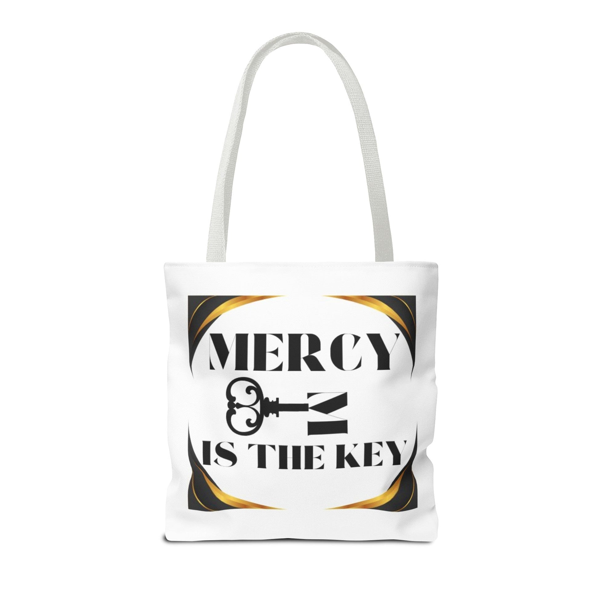 Black Gold Border Mercy Is The Key Tote Bag (AOP) - criminaljusticereformationalliancestore.com