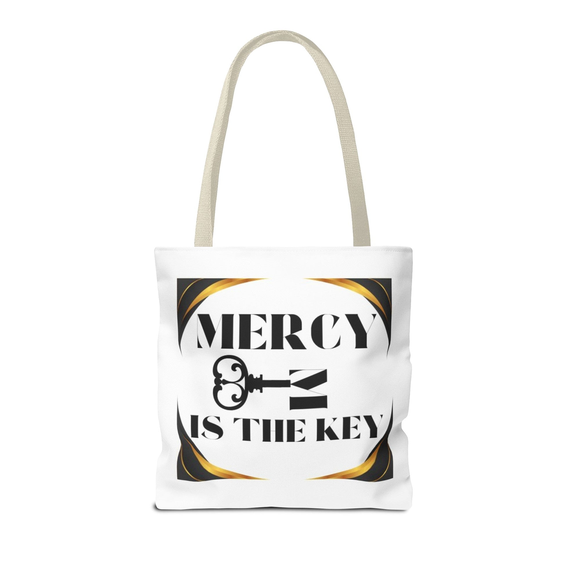 Black Gold Border Mercy Is The Key Tote Bag (AOP) - criminaljusticereformationalliancestore.com