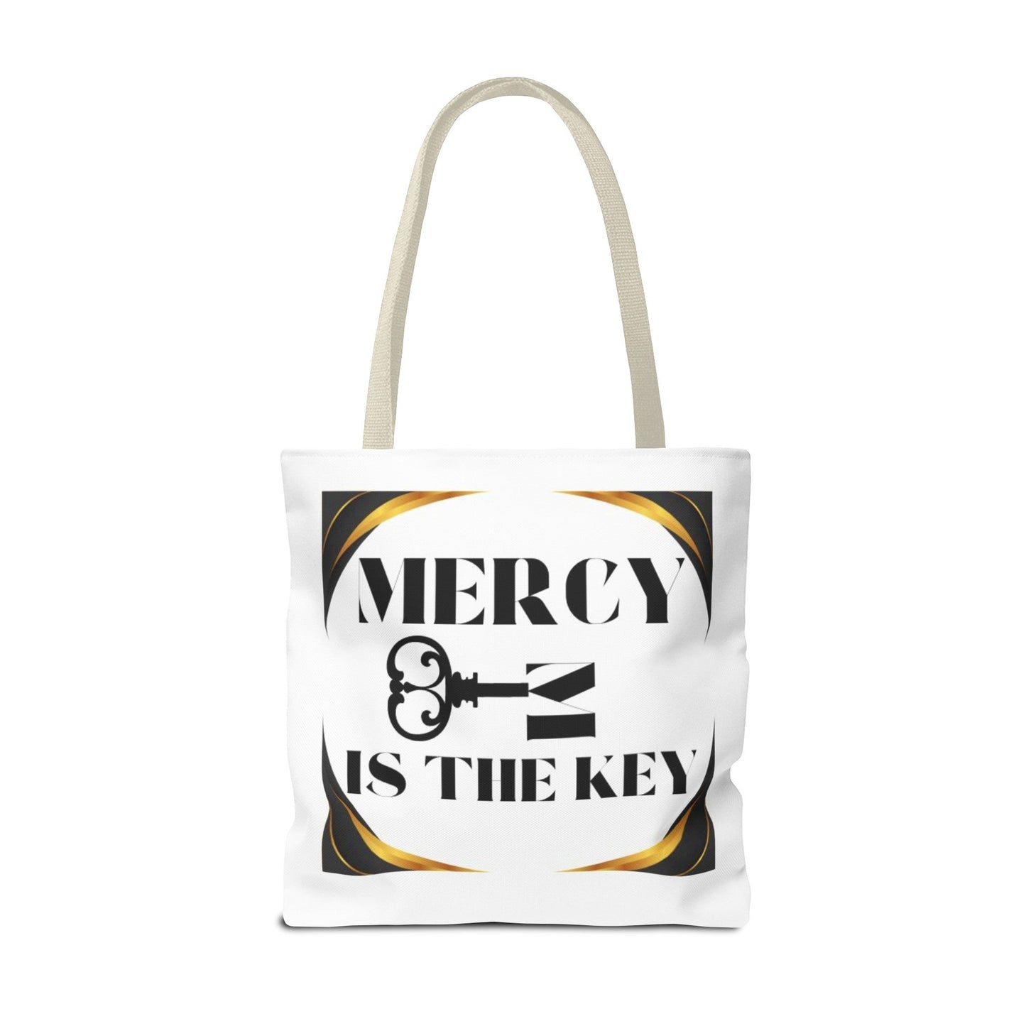 Black Gold Border Mercy Is The Key Tote Bag (AOP) - criminaljusticereformationalliancestore.com