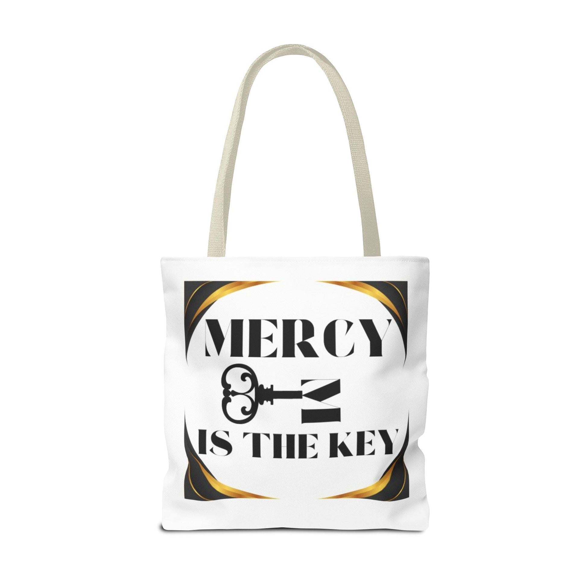 Black Gold Border Mercy Is The Key Tote Bag (AOP) - criminaljusticereformationalliancestore.com