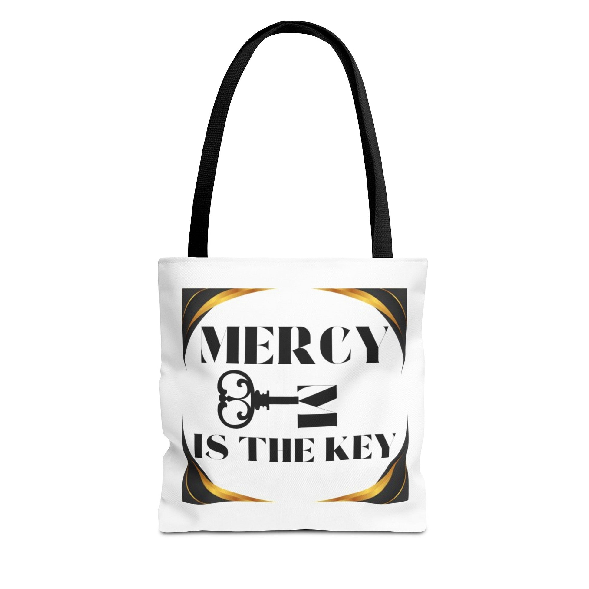 Black Gold Border Mercy Is The Key Tote Bag (AOP) - criminaljusticereformationalliancestore.com