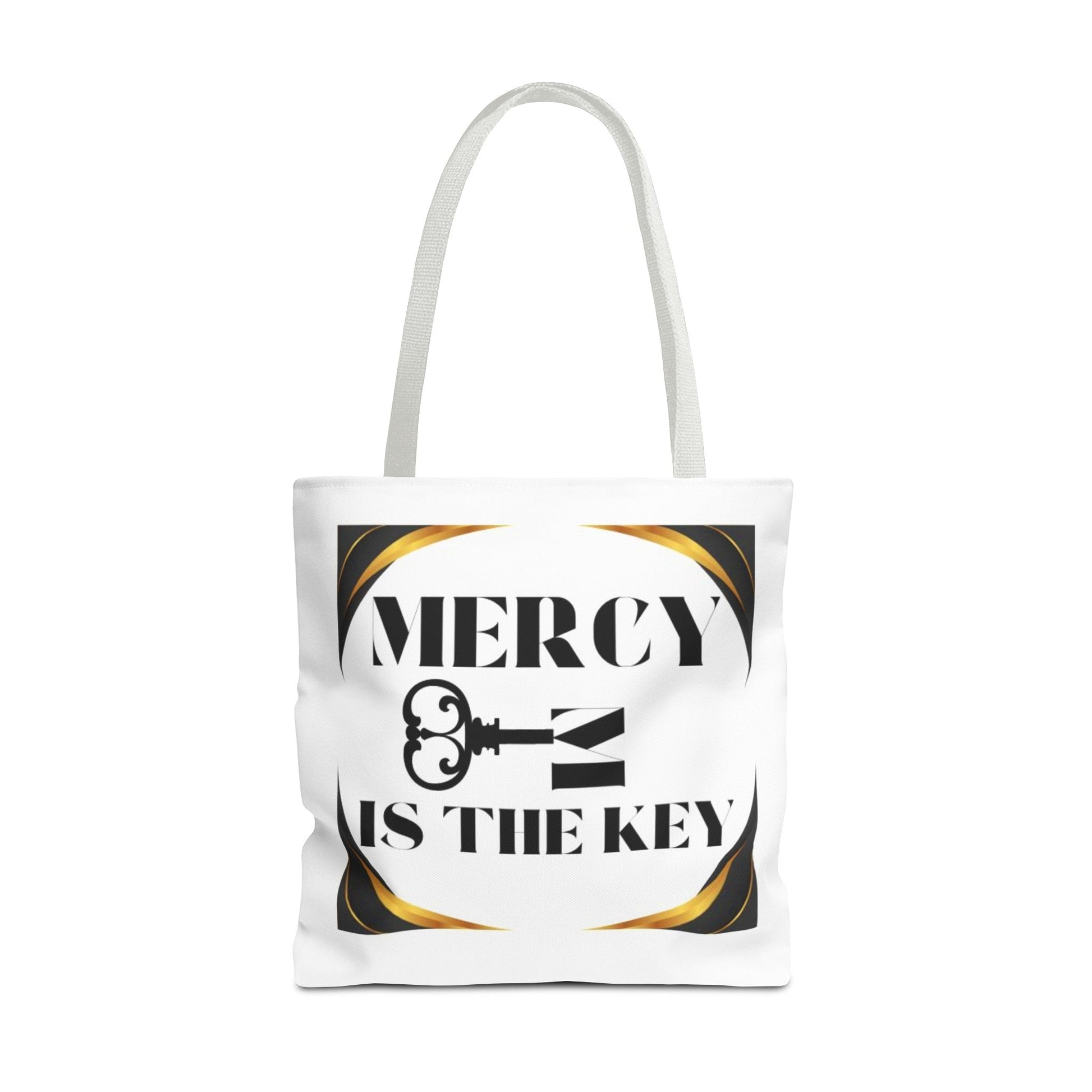 Black Gold Border Mercy Is The Key Tote Bag (AOP) - criminaljusticereformationalliancestore.com