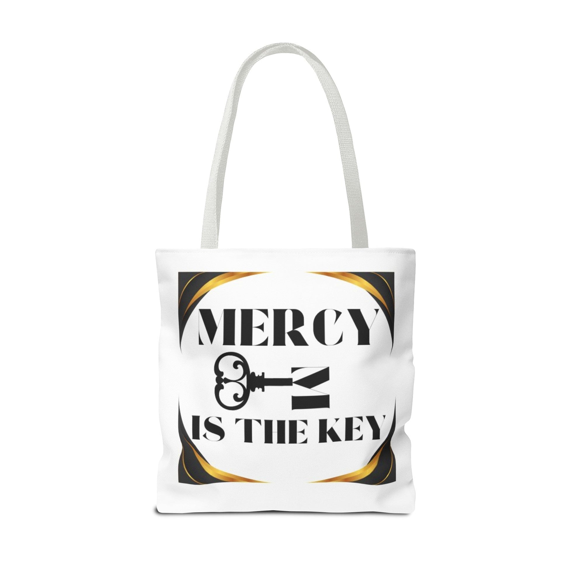 Black Gold Border Mercy Is The Key Tote Bag (AOP) - criminaljusticereformationalliancestore.com