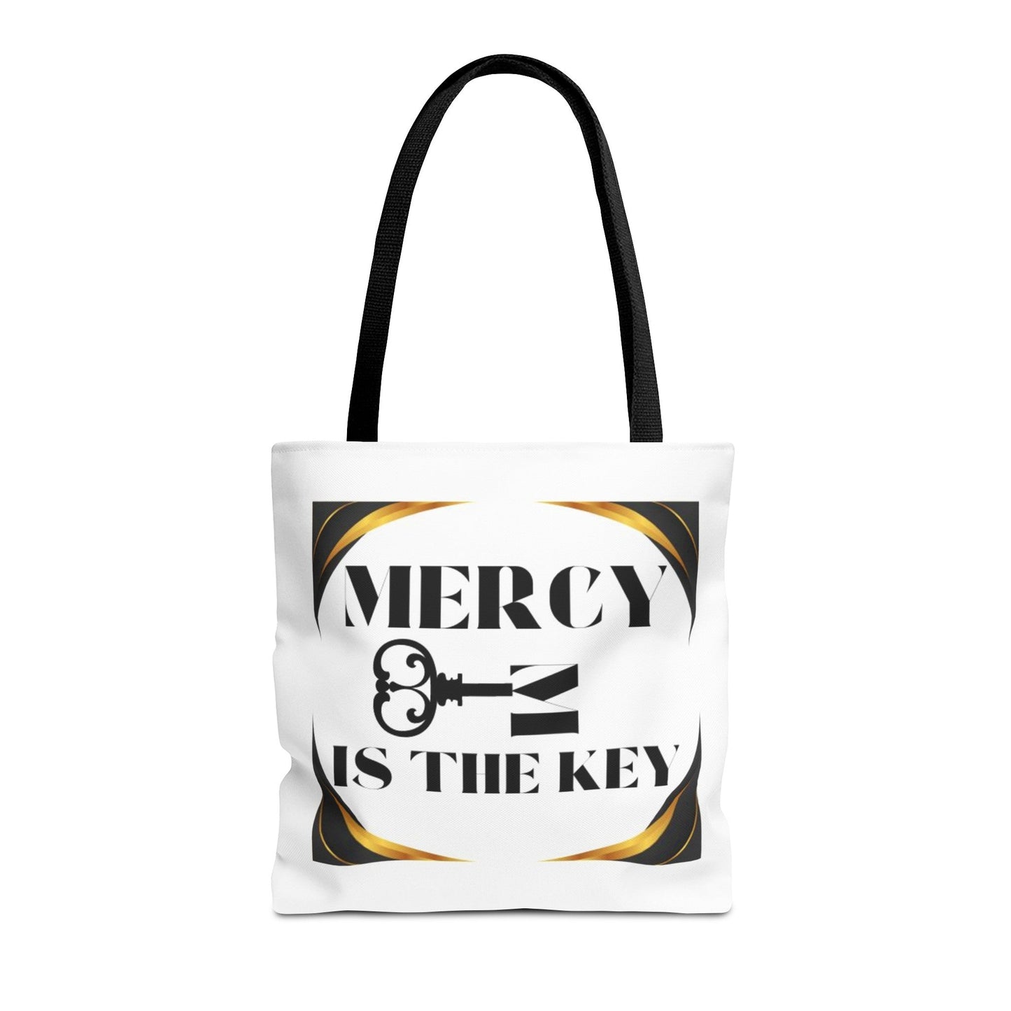 Black Gold Border Mercy Is The Key Tote Bag (AOP) - criminaljusticereformationalliancestore.com