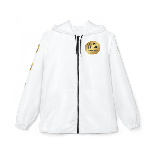 Black/Gold Mercy Is The Key! Windbreaker Jacket (AOP) - criminaljusticereformationalliancestore.com