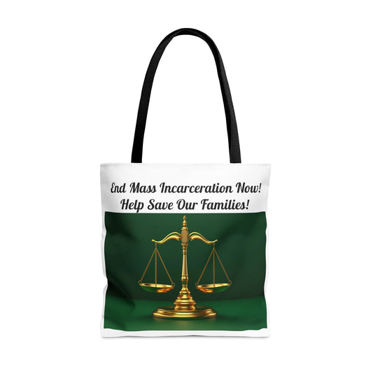 End Mass Incarceration Bring Mom & Dad Home Justice AOP Tote Bag - criminaljusticereformationalliancestore.com