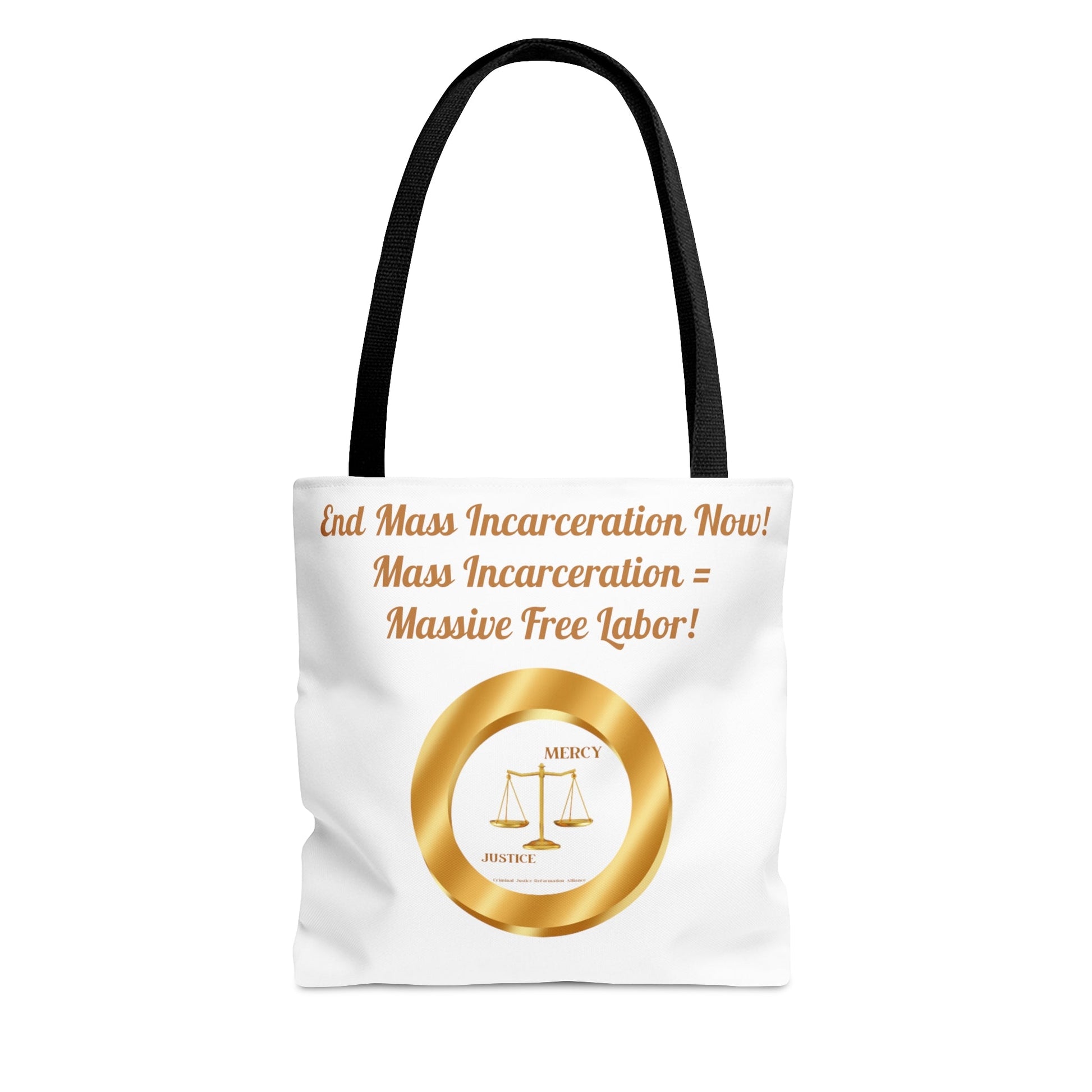 End Mass Incarceration NO Free Labor Justice AOP Tote Bag - criminaljusticereformationalliancestore.com