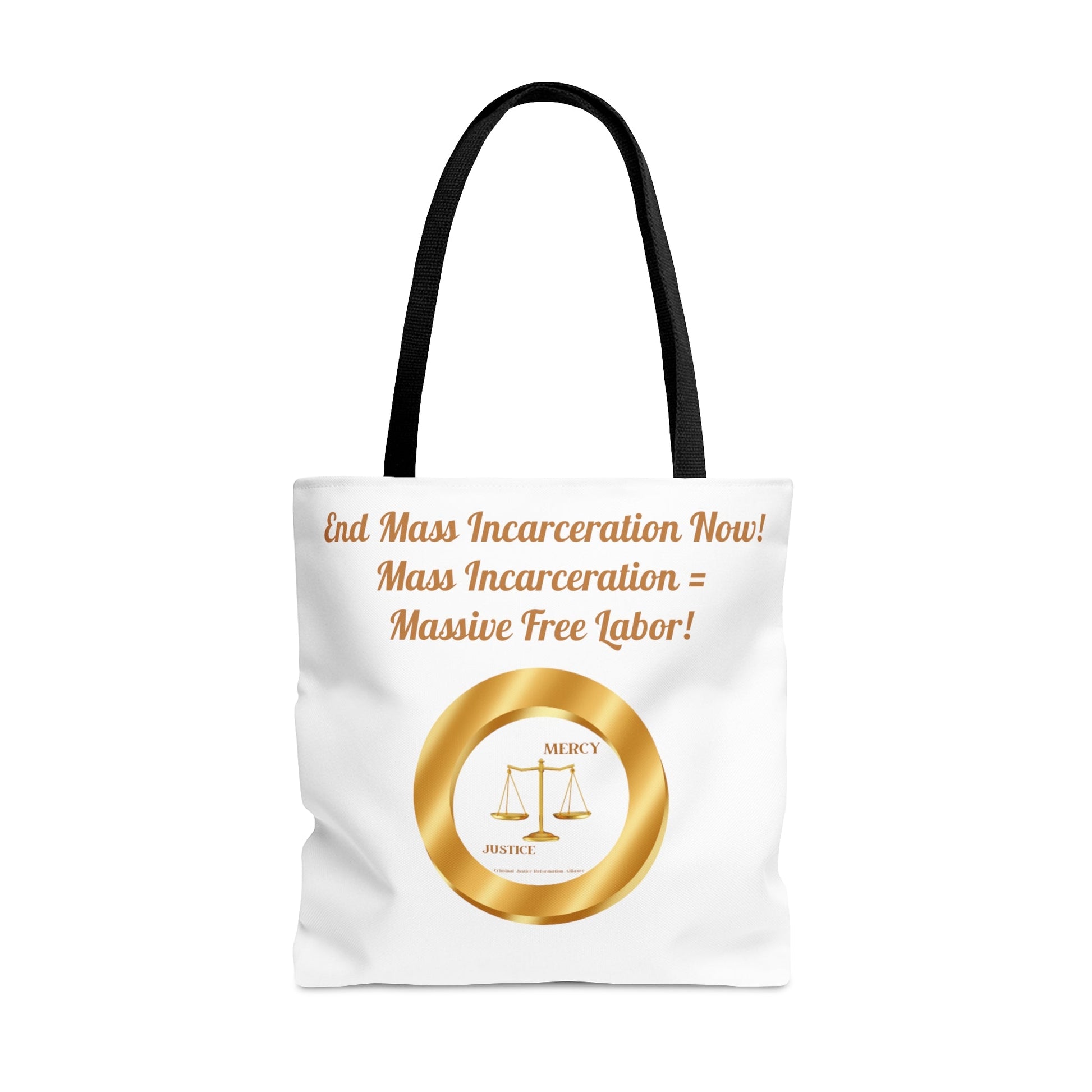 End Mass Incarceration NO Free Labor Justice AOP Tote Bag - criminaljusticereformationalliancestore.com