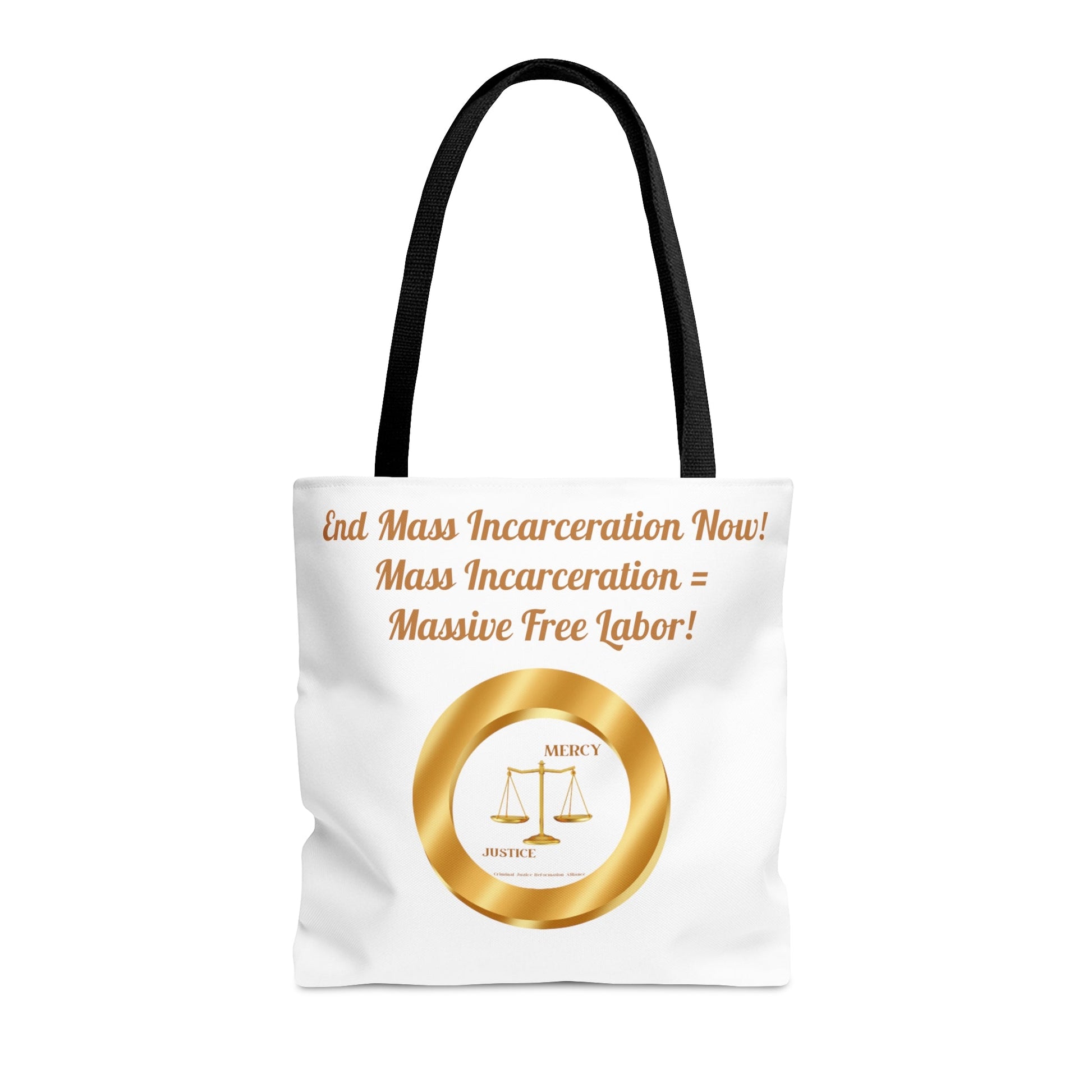 End Mass Incarceration NO Free Labor Justice AOP Tote Bag - criminaljusticereformationalliancestore.com