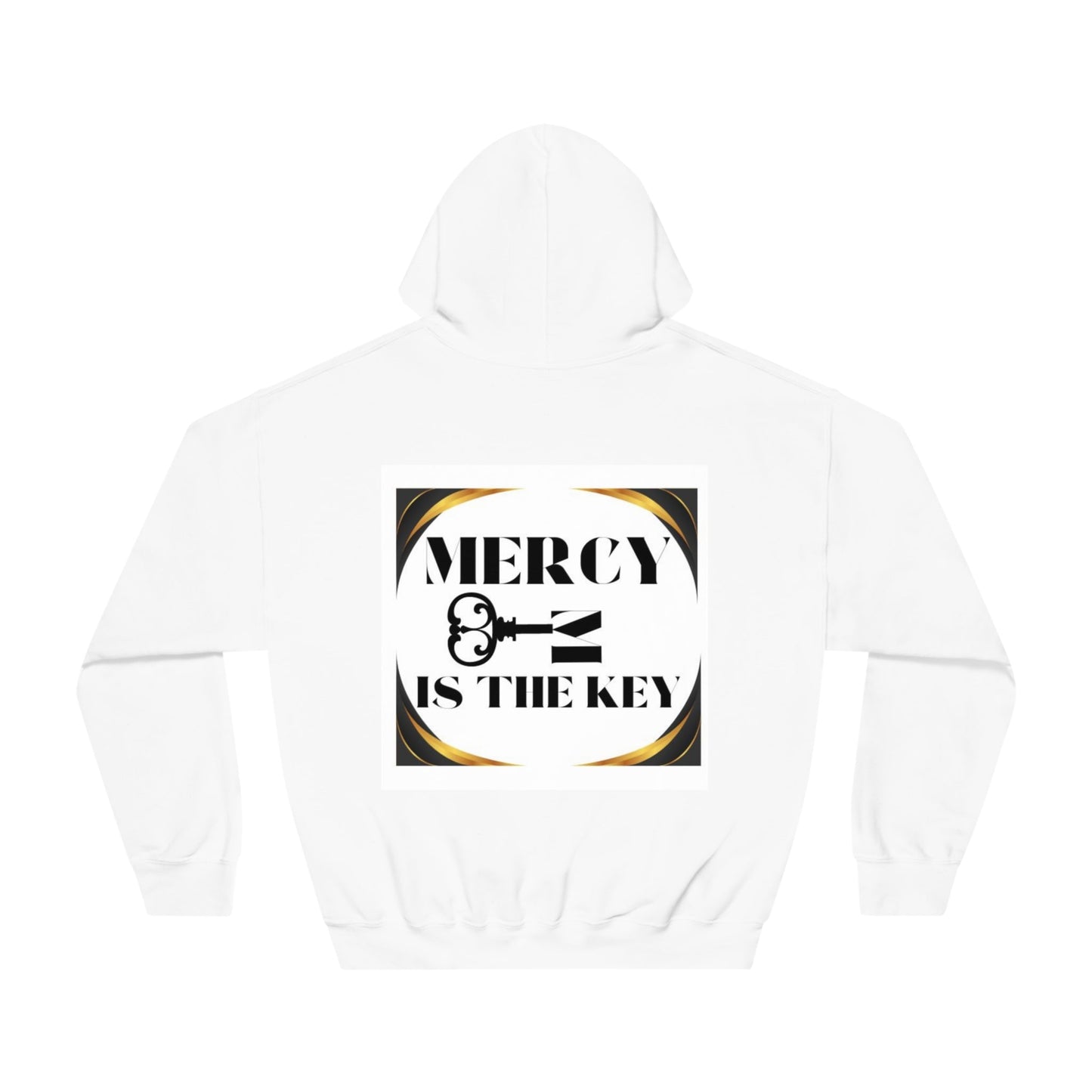 Mercy Is The Key Unisex White Patch DryBlend® Hooded Sweatshirt - criminaljusticereformationalliancestore.com