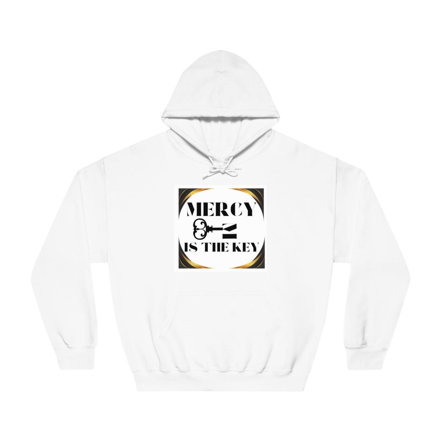 Mercy Is The Key Unisex White Patch DryBlend® Hooded Sweatshirt - criminaljusticereformationalliancestore.com