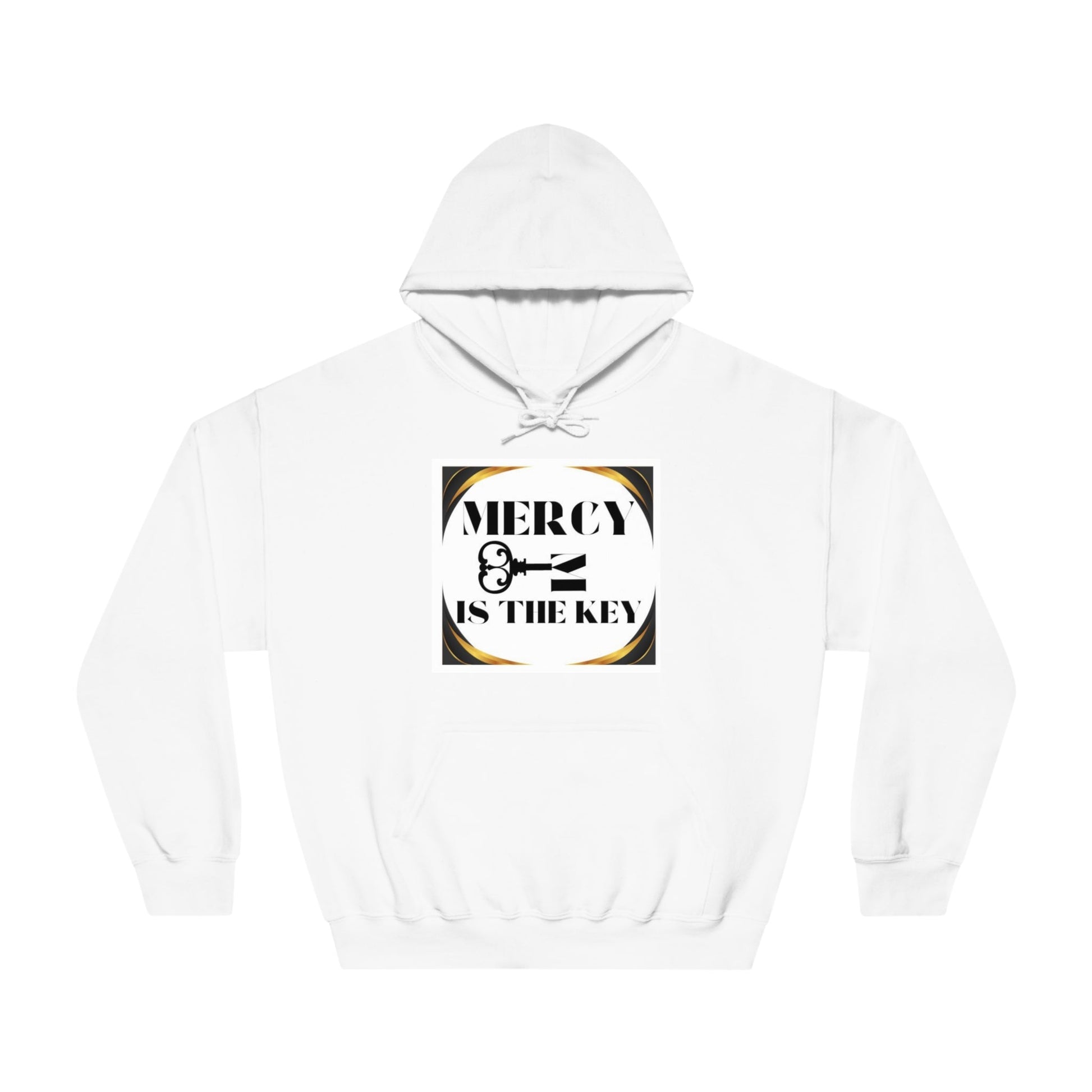 Mercy Is The Key Unisex White Patch DryBlend® Hooded Sweatshirt - criminaljusticereformationalliancestore.com