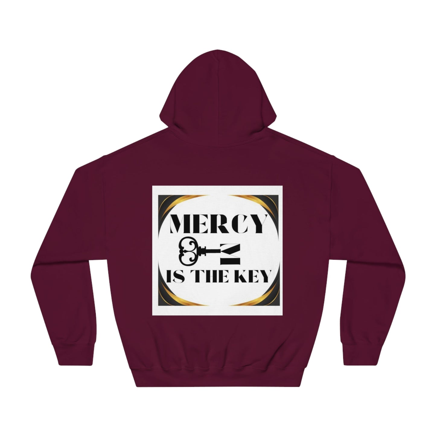 Mercy Is The Key Unisex White Patch DryBlend® Hooded Sweatshirt - criminaljusticereformationalliancestore.com