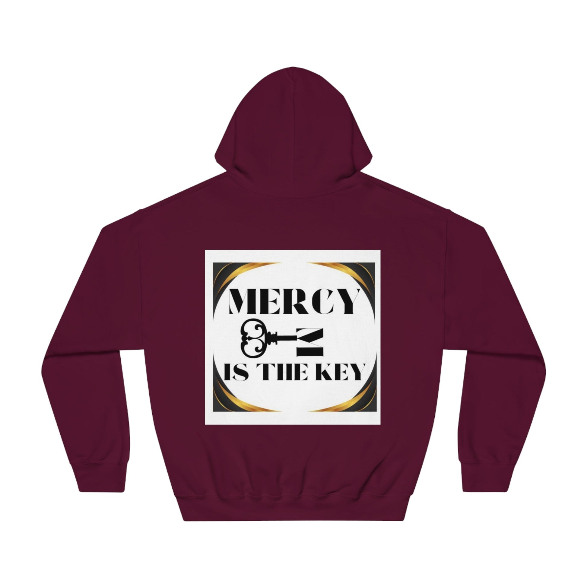 Mercy Is The Key Unisex White Patch DryBlend® Hooded Sweatshirt - criminaljusticereformationalliancestore.com