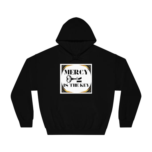 Mercy Is The Key Unisex White Patch DryBlend® Hooded Sweatshirt - criminaljusticereformationalliancestore.com