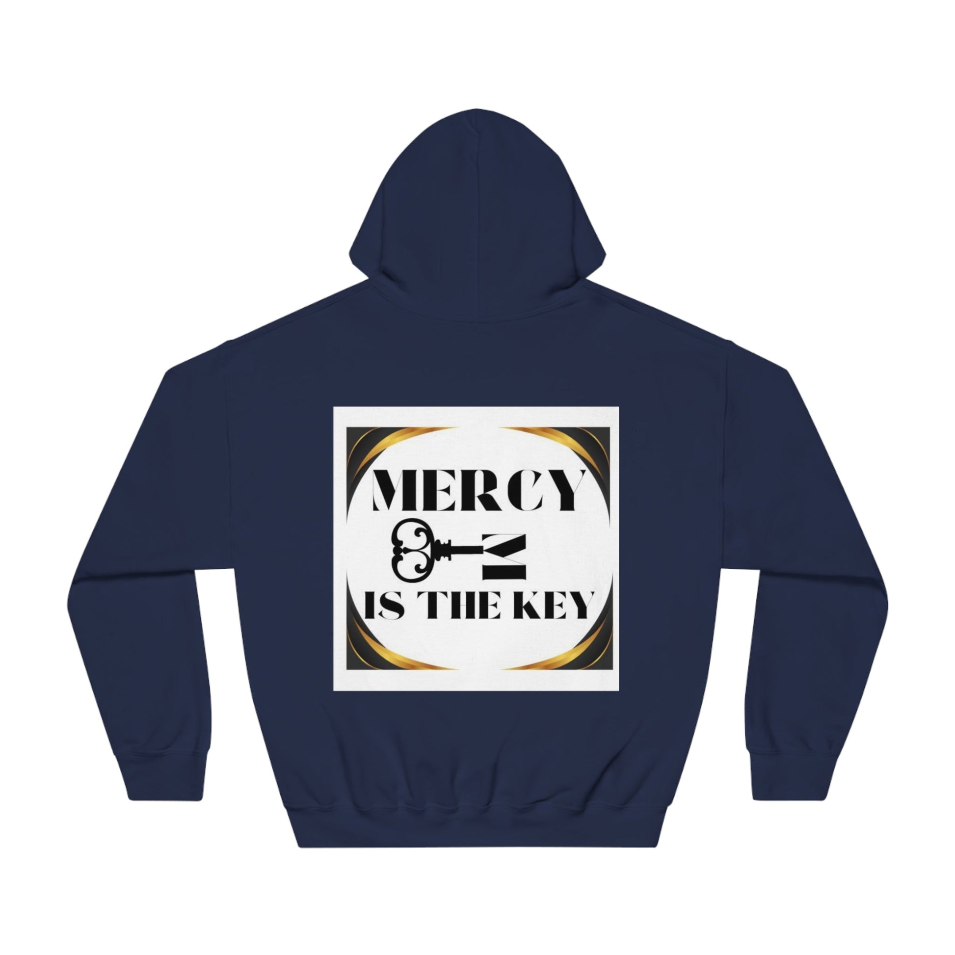 Mercy Is The Key Unisex White Patch DryBlend® Hooded Sweatshirt - criminaljusticereformationalliancestore.com