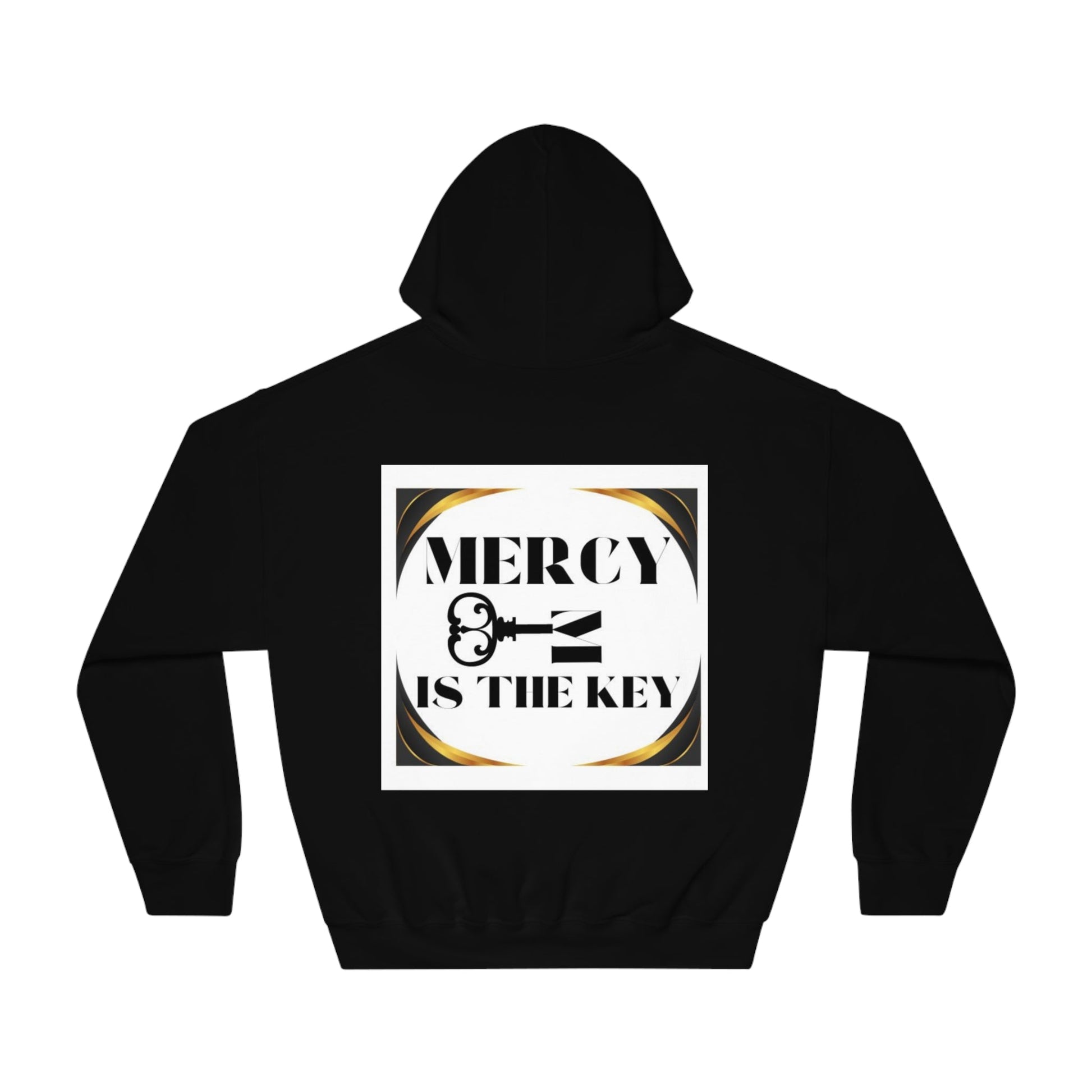 Mercy Is The Key Unisex White Patch DryBlend® Hooded Sweatshirt - criminaljusticereformationalliancestore.com