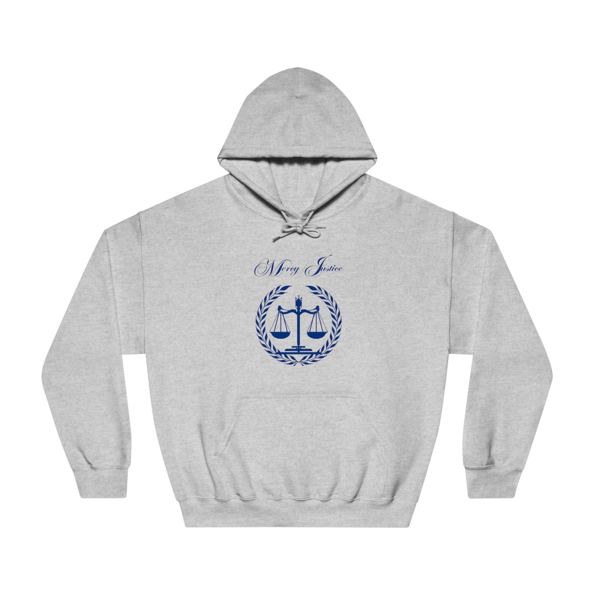 Mercy/Justice Navy Letters Unisex DryBlend® Hooded Sweatshirt - criminaljusticereformationalliancestore.com