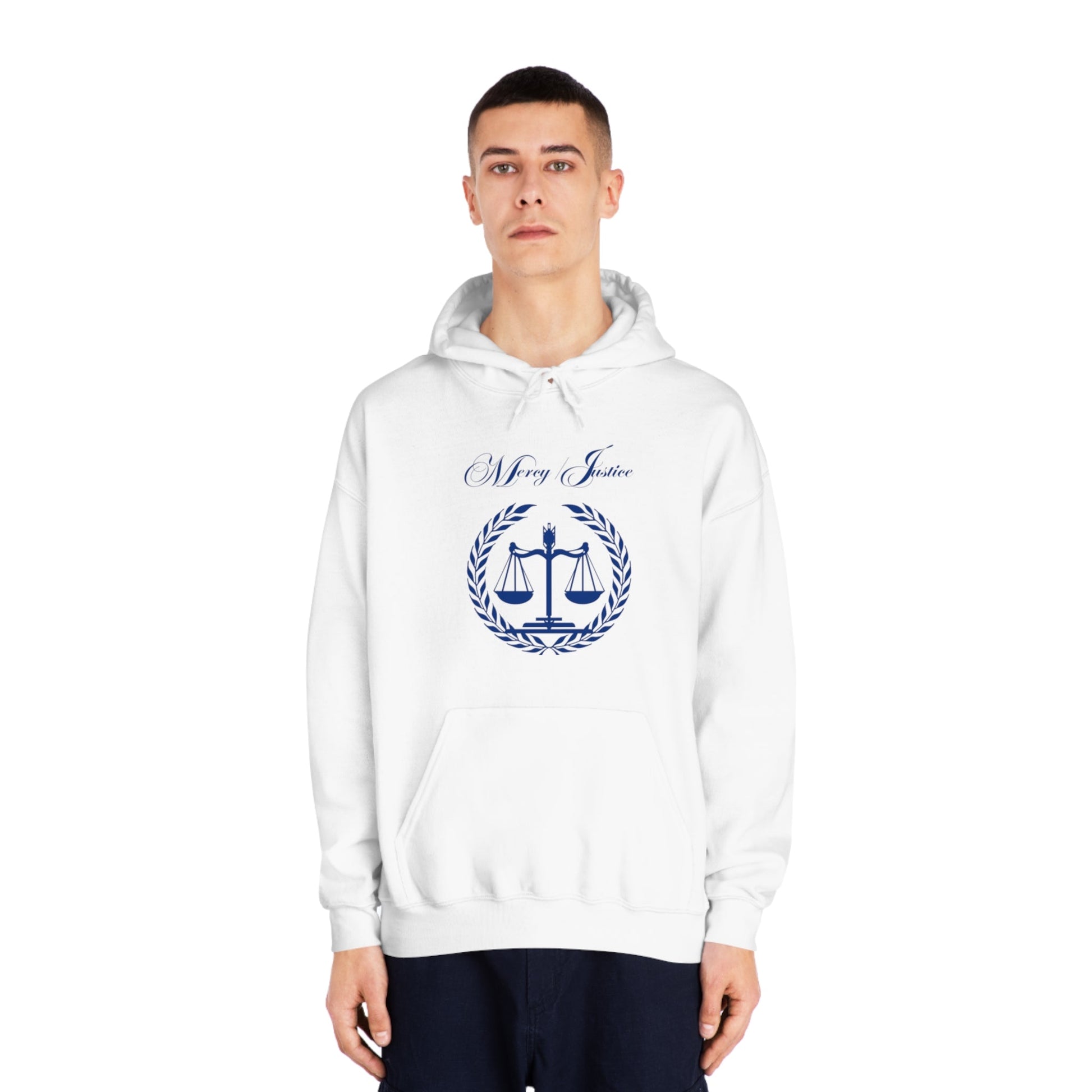 Mercy/Justice Navy Letters Unisex DryBlend® Hooded Sweatshirt - criminaljusticereformationalliancestore.com