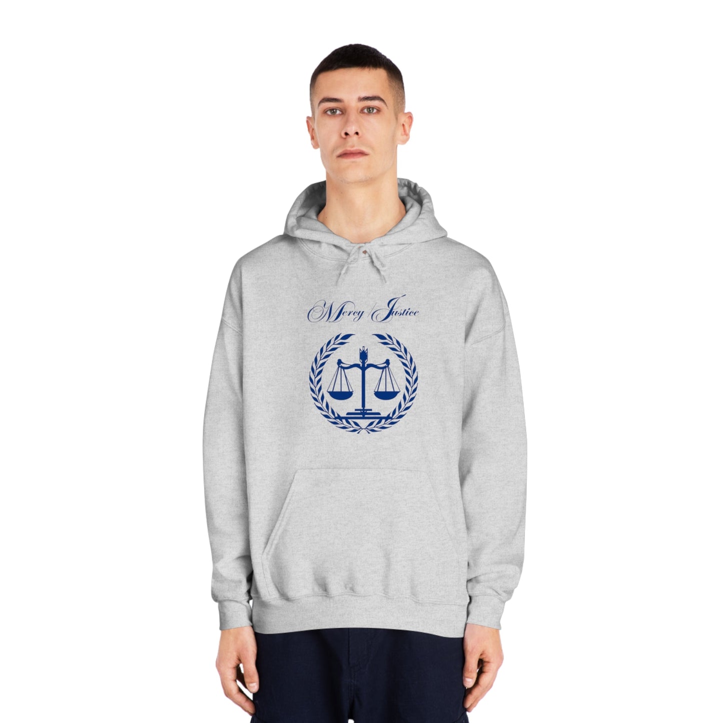 Mercy/Justice Navy Letters Unisex DryBlend® Hooded Sweatshirt - criminaljusticereformationalliancestore.com