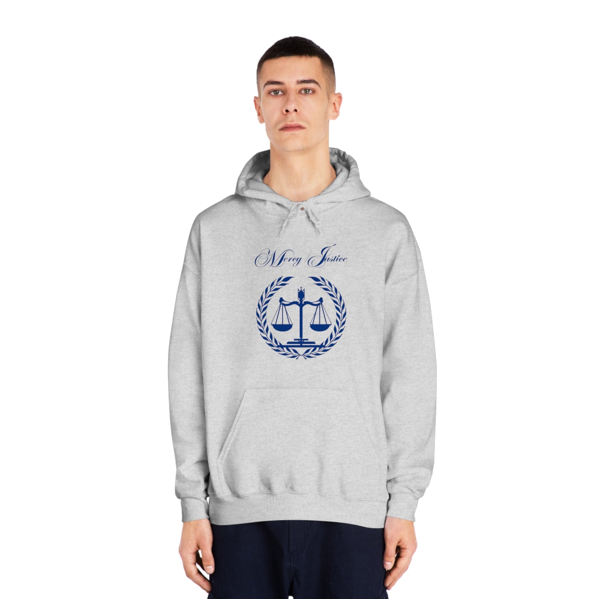 Mercy/Justice Navy Letters Unisex DryBlend® Hooded Sweatshirt - criminaljusticereformationalliancestore.com