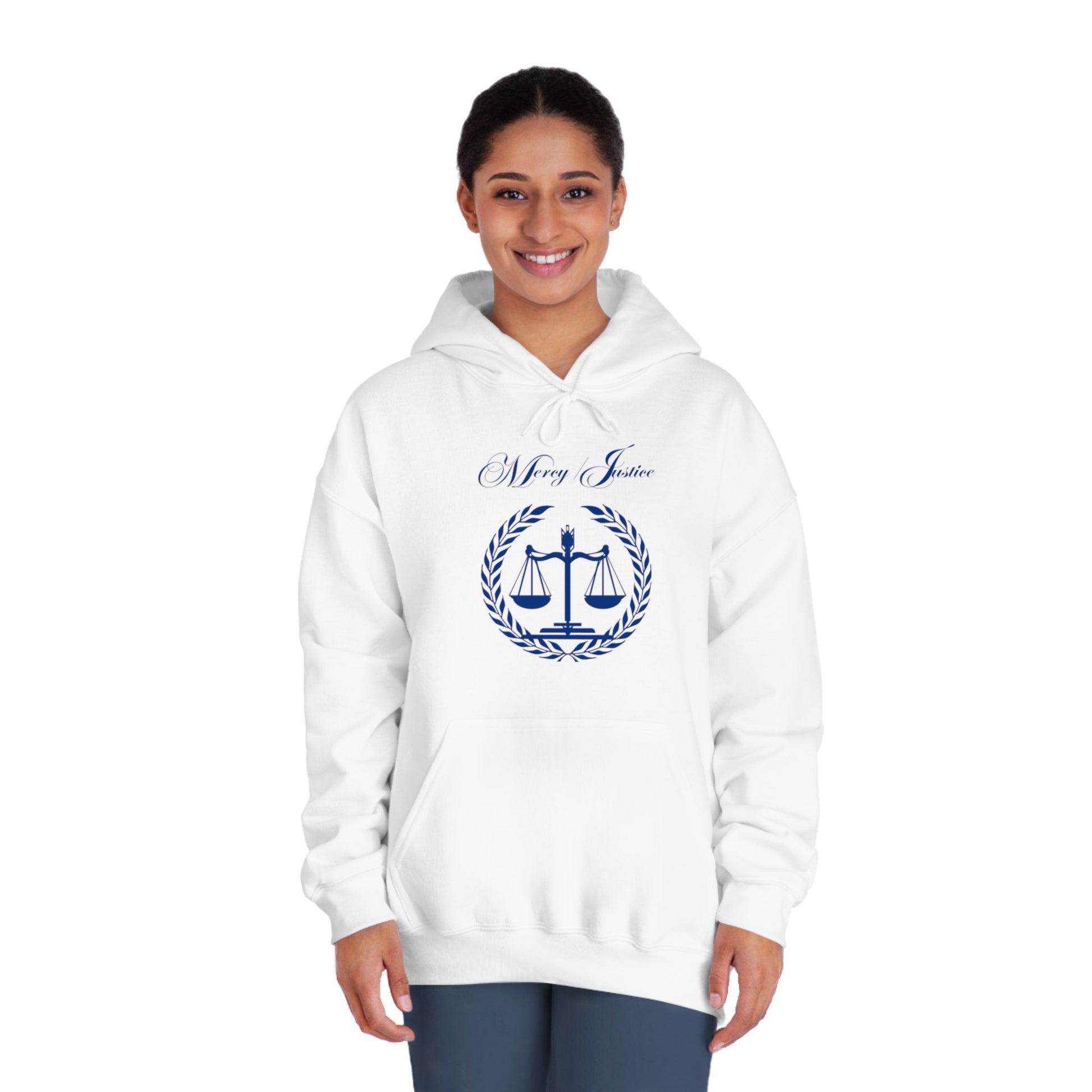 Mercy/Justice Navy Letters Unisex DryBlend® Hooded Sweatshirt - criminaljusticereformationalliancestore.com