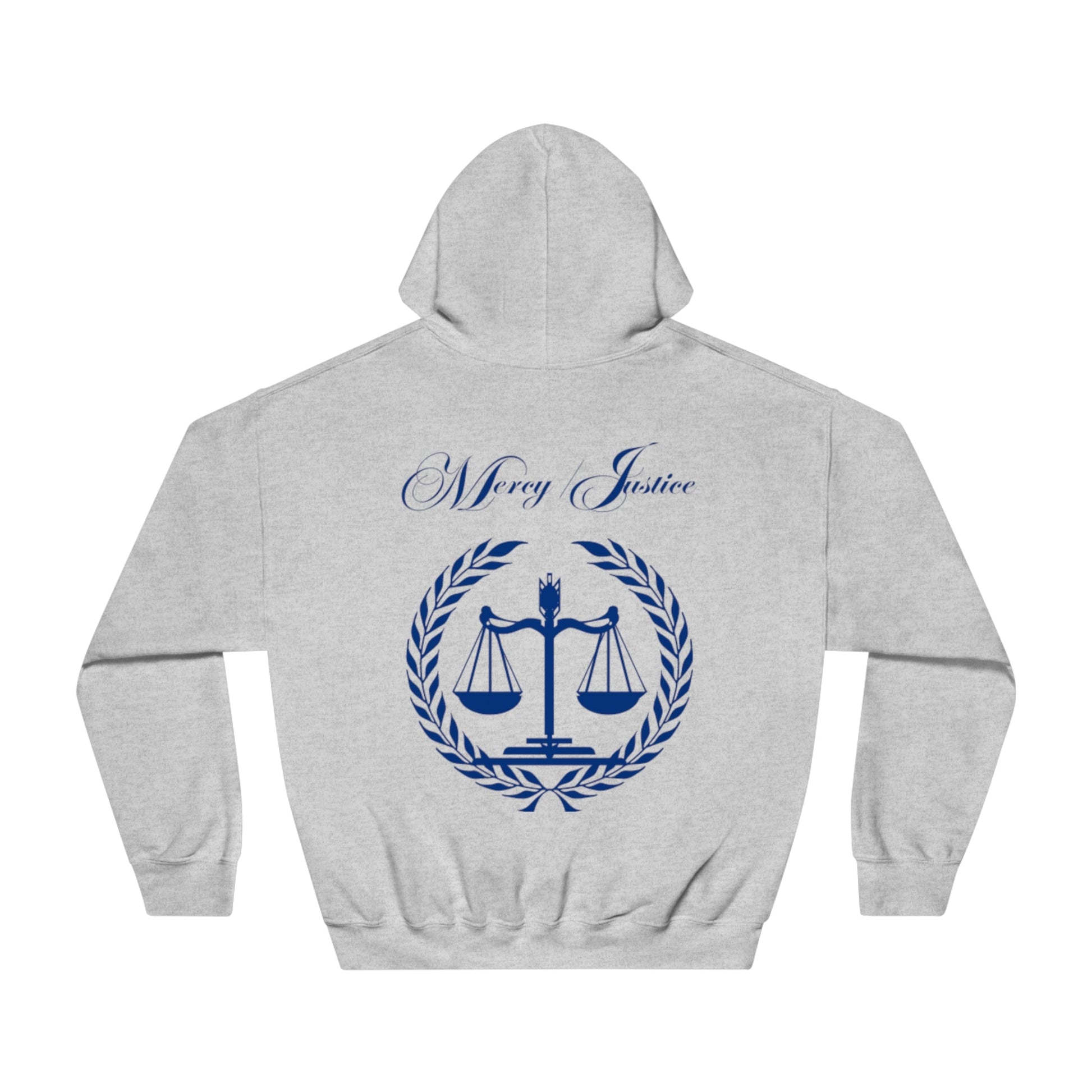 Mercy/Justice Navy Letters Unisex DryBlend® Hooded Sweatshirt - criminaljusticereformationalliancestore.com