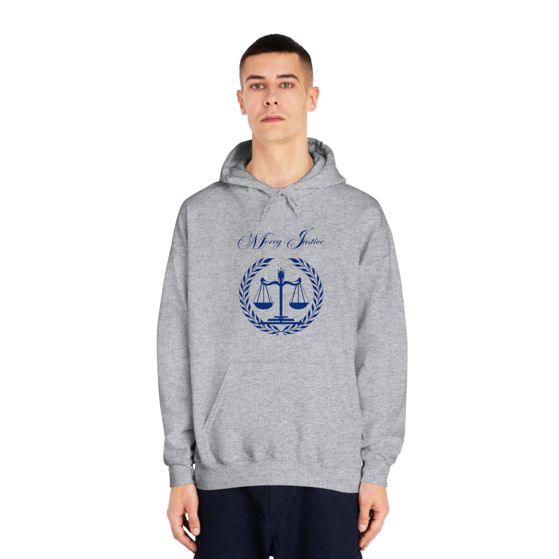 Mercy/Justice Navy Letters Unisex DryBlend® Hooded Sweatshirt - criminaljusticereformationalliancestore.com