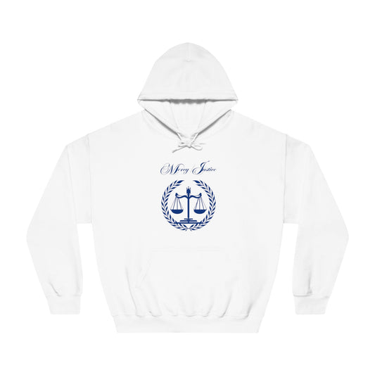 Mercy/Justice Navy Letters Unisex DryBlend® Hooded Sweatshirt - criminaljusticereformationalliancestore.com