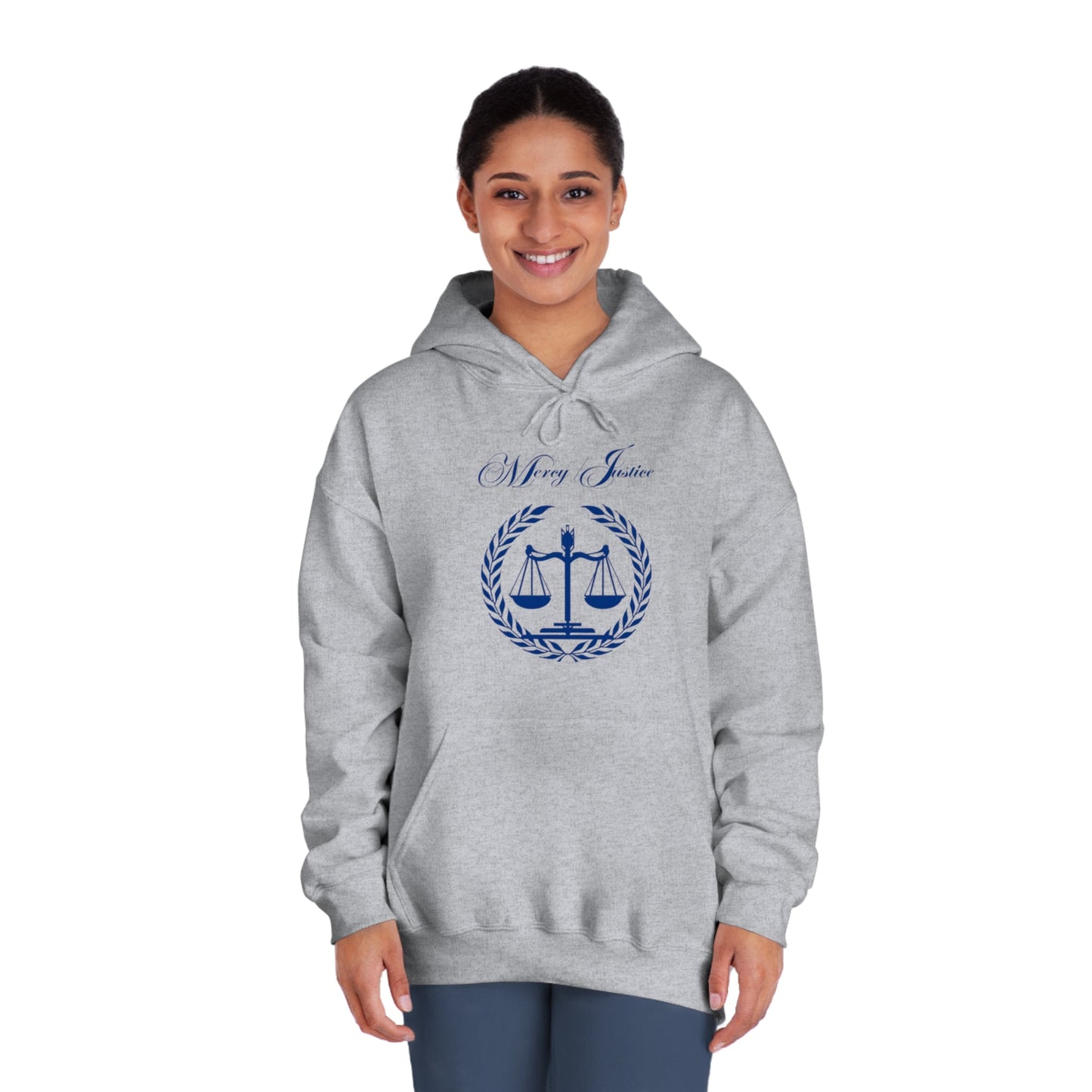 Mercy/Justice Navy Letters Unisex DryBlend® Hooded Sweatshirt - criminaljusticereformationalliancestore.com