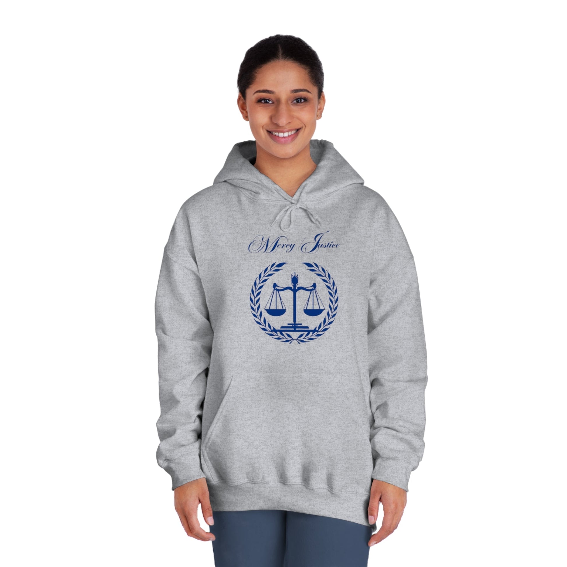 Mercy/Justice Navy Letters Unisex DryBlend® Hooded Sweatshirt - criminaljusticereformationalliancestore.com