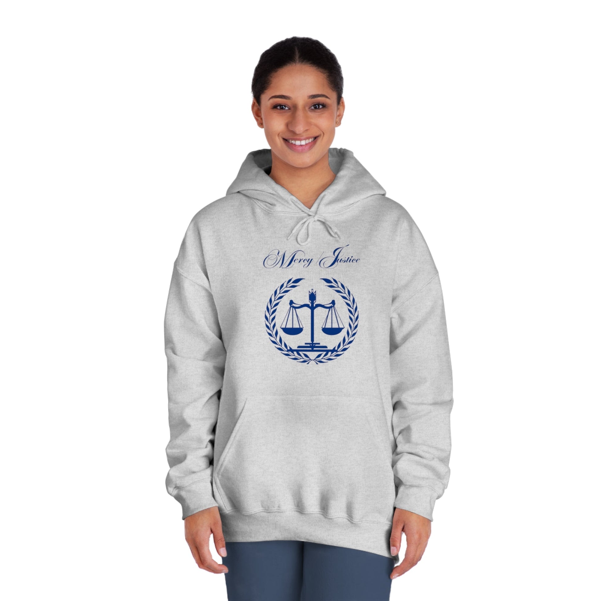 Mercy/Justice Navy Letters Unisex DryBlend® Hooded Sweatshirt - criminaljusticereformationalliancestore.com