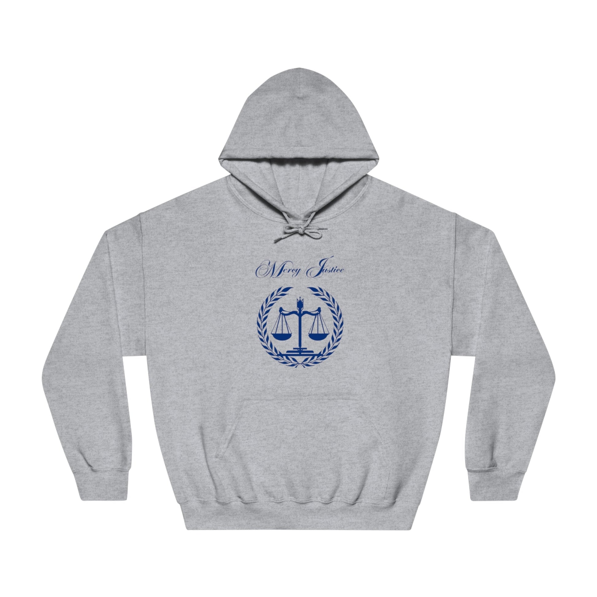 Mercy/Justice Navy Letters Unisex DryBlend® Hooded Sweatshirt - criminaljusticereformationalliancestore.com