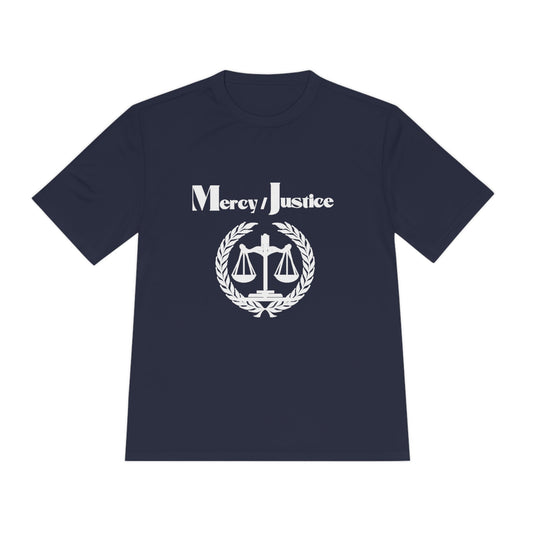 Mercy/Justice New LOGO Unisex Moisture Wicking Tee White Lettering - criminaljusticereformationalliancestore.com