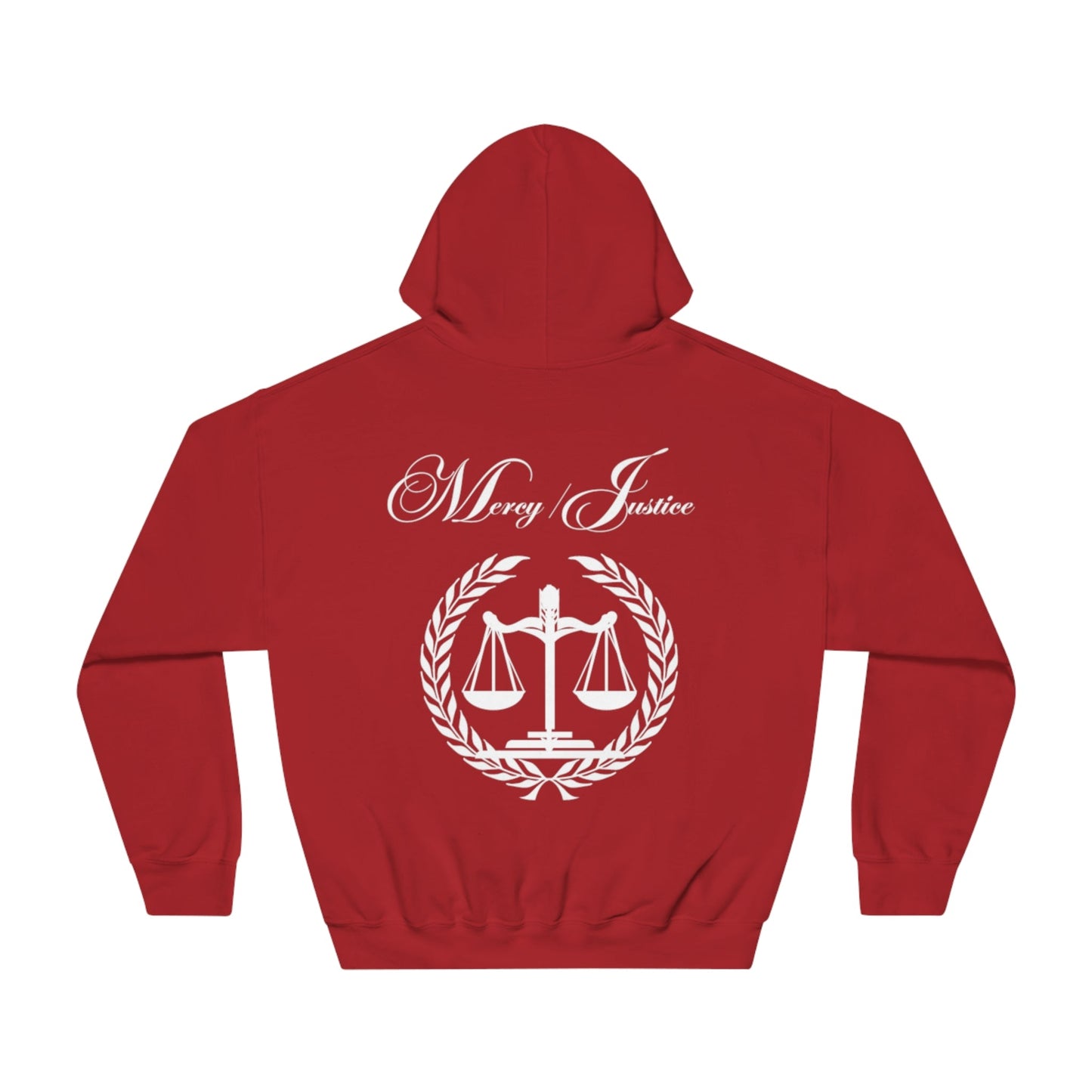 Mercy/Justice White Letters Unisex DryBlend® Hooded Sweatshirt - criminaljusticereformationalliancestore.com