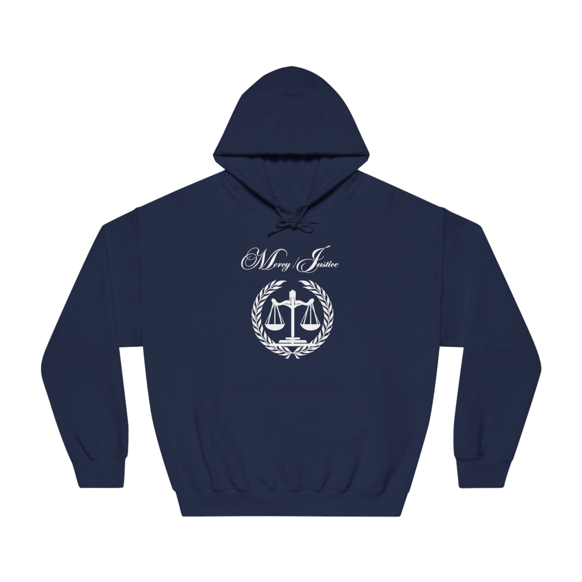 Mercy/Justice White Letters Unisex DryBlend® Hooded Sweatshirt - criminaljusticereformationalliancestore.com