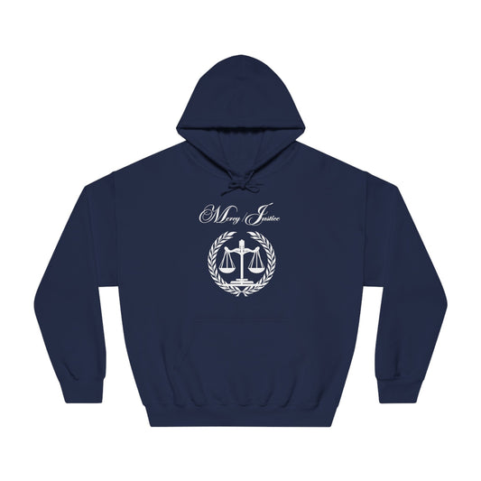 Mercy/Justice White Letters Unisex DryBlend® Hooded Sweatshirt - criminaljusticereformationalliancestore.com