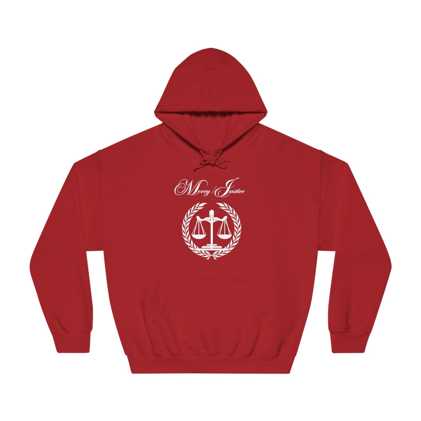 Mercy/Justice White Letters Unisex DryBlend® Hooded Sweatshirt - criminaljusticereformationalliancestore.com