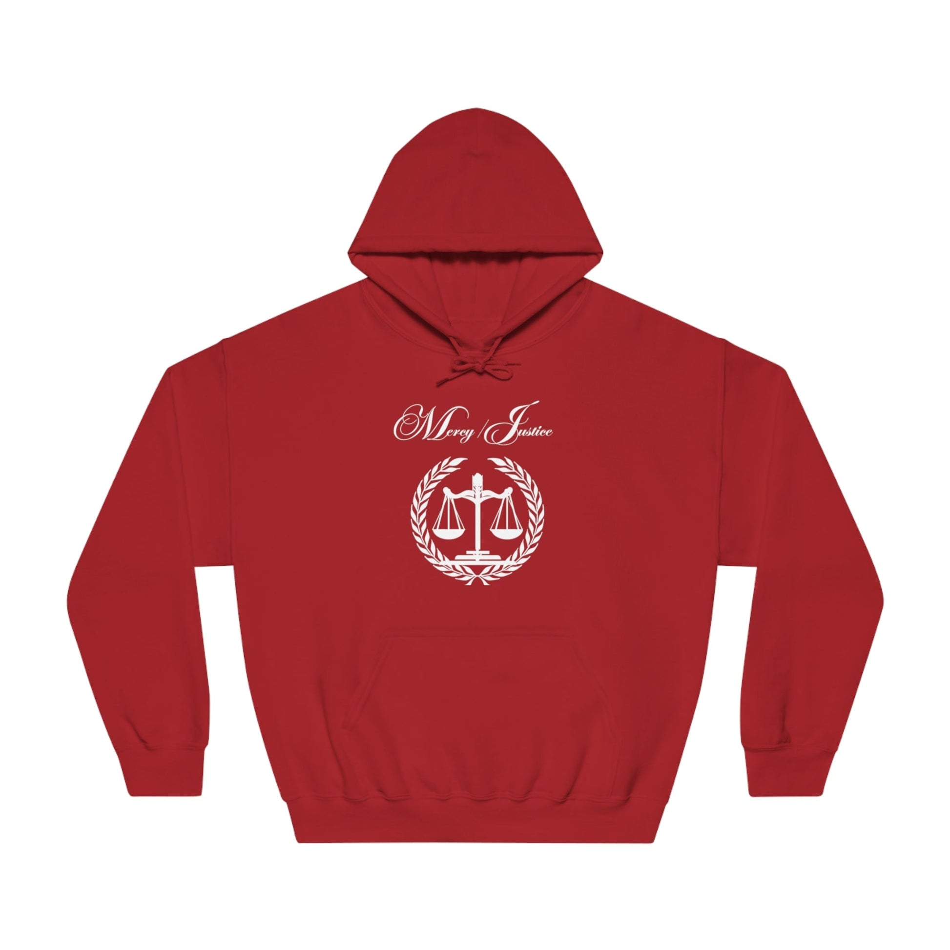 Mercy/Justice White Letters Unisex DryBlend® Hooded Sweatshirt - criminaljusticereformationalliancestore.com