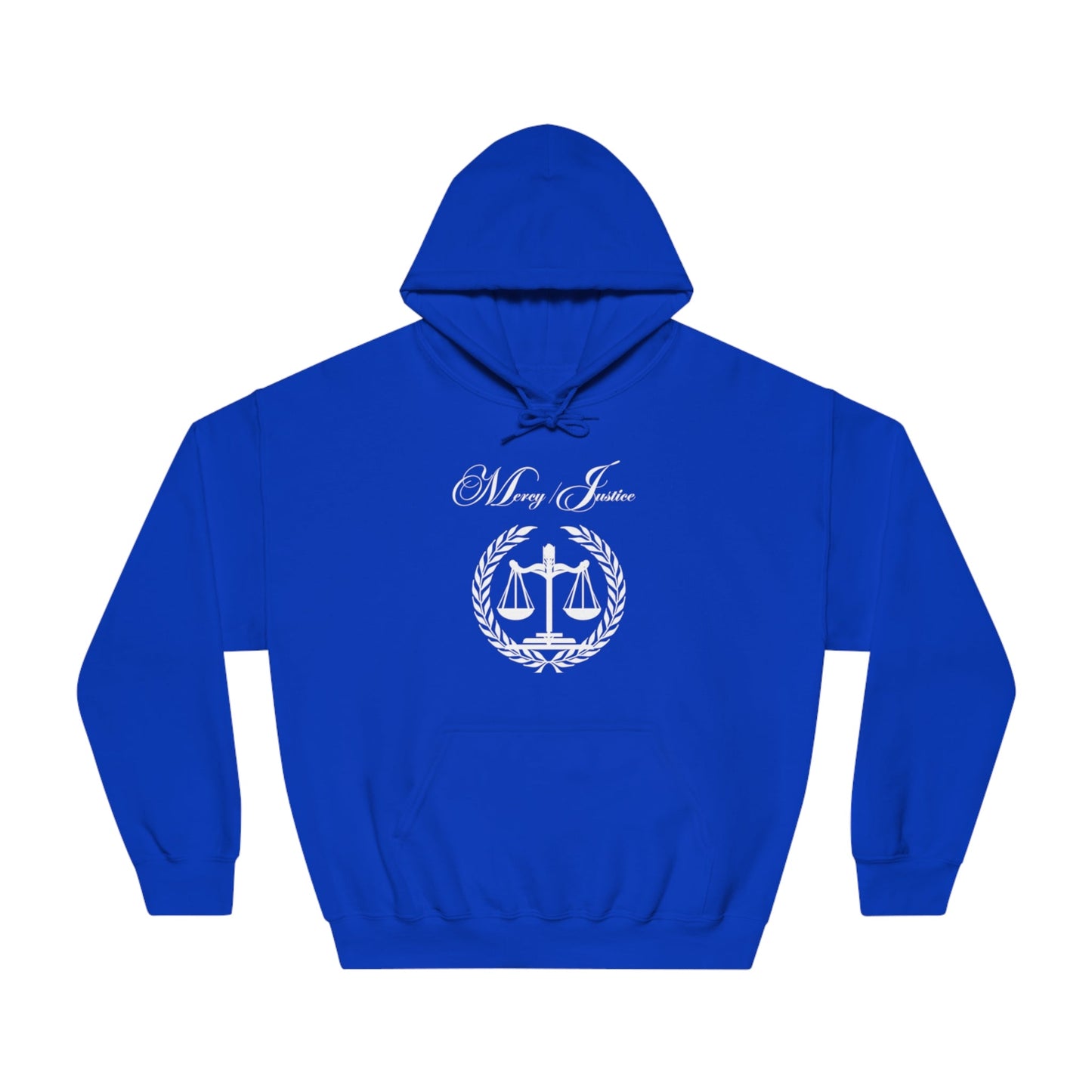 Mercy/Justice White Letters Unisex DryBlend® Hooded Sweatshirt - criminaljusticereformationalliancestore.com