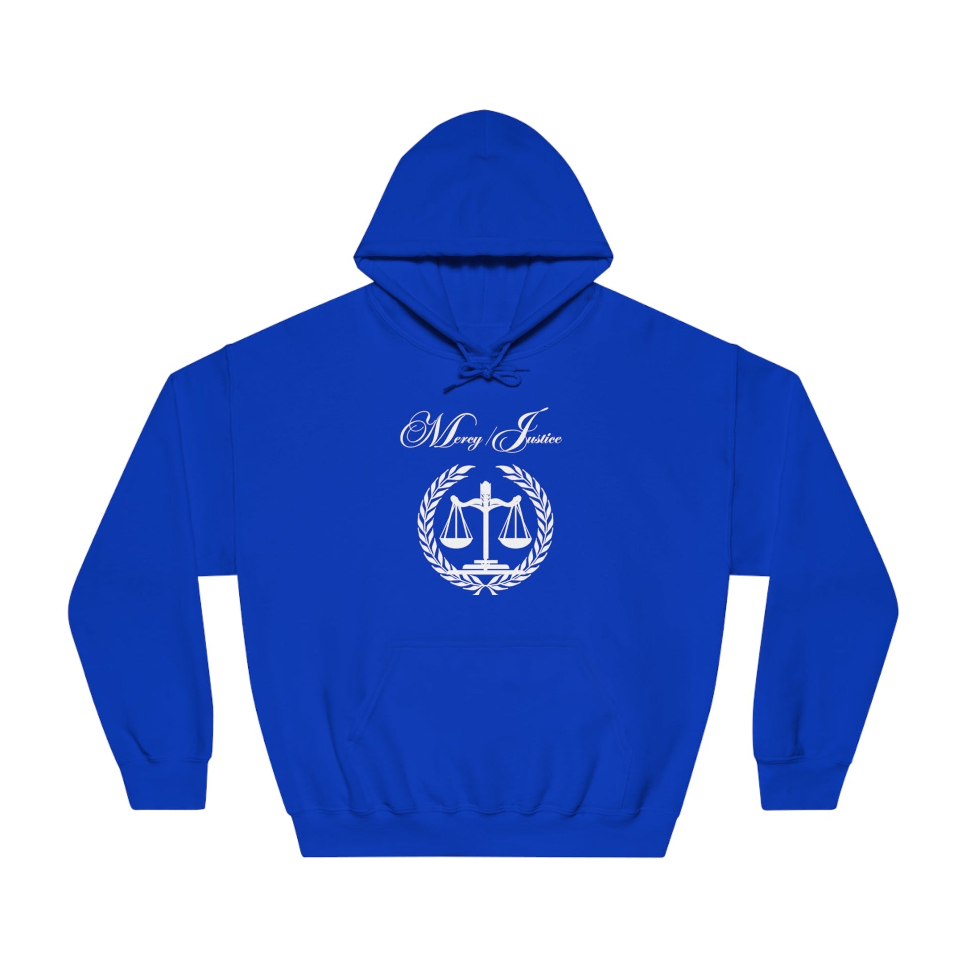 Mercy/Justice White Letters Unisex DryBlend® Hooded Sweatshirt - criminaljusticereformationalliancestore.com