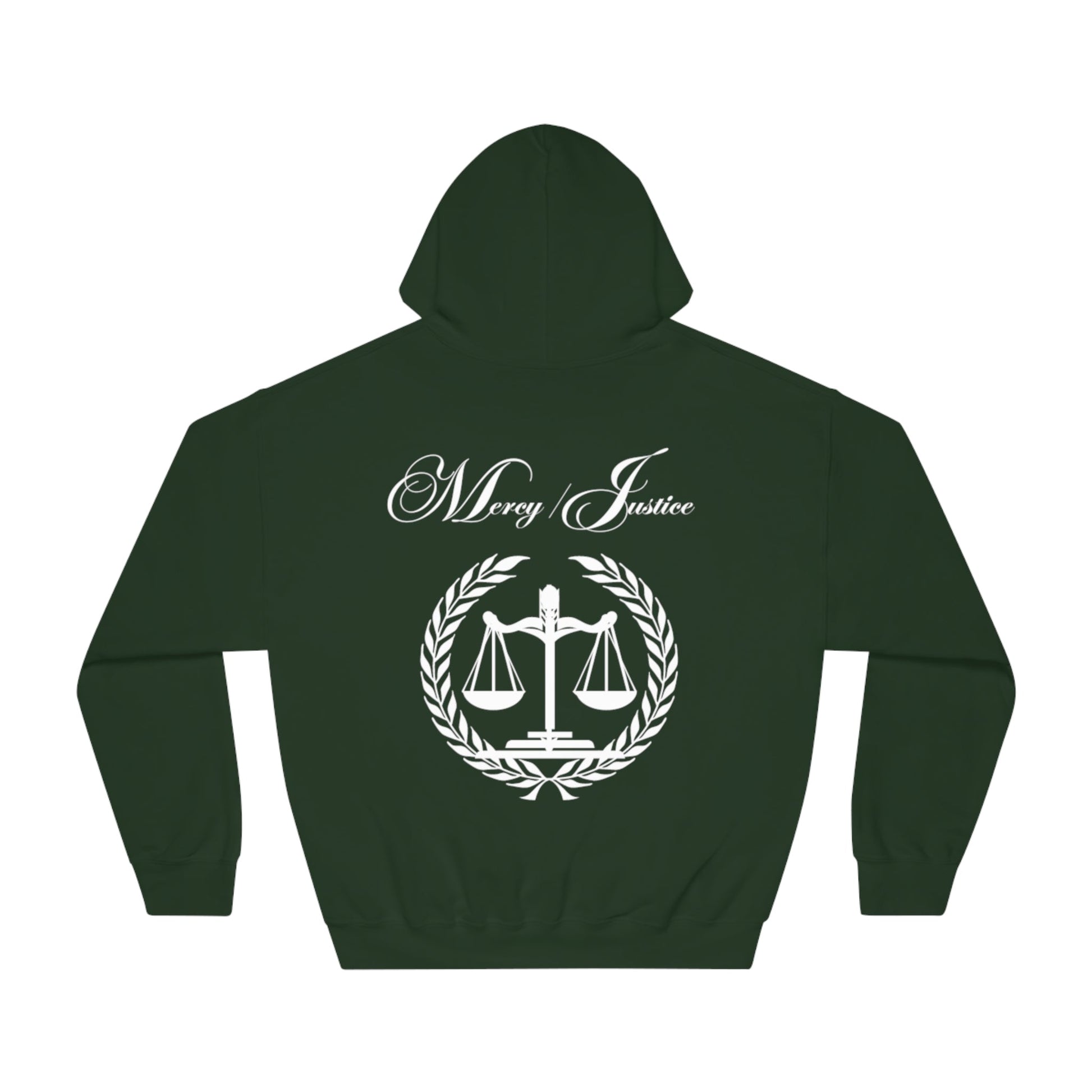 Mercy/Justice White Letters Unisex DryBlend® Hooded Sweatshirt - criminaljusticereformationalliancestore.com