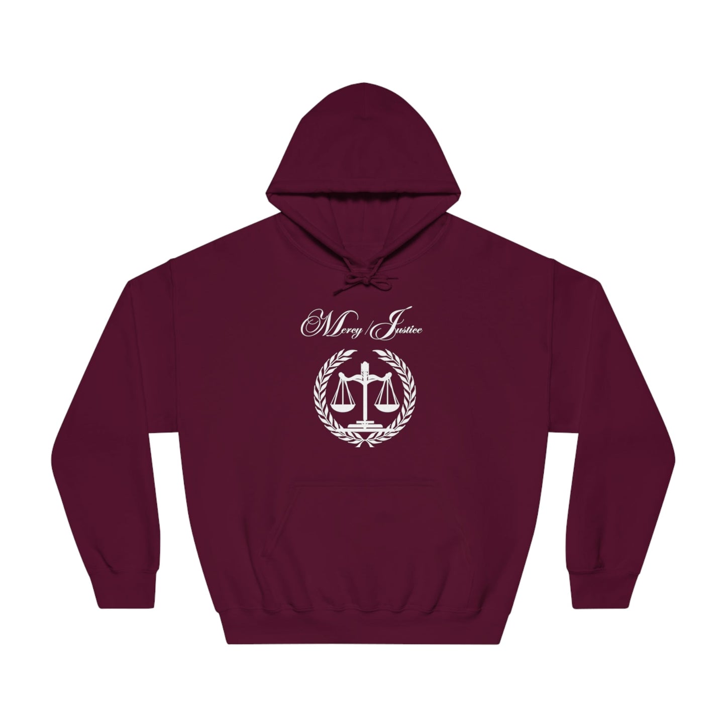 Mercy/Justice White Letters Unisex DryBlend® Hooded Sweatshirt - criminaljusticereformationalliancestore.com