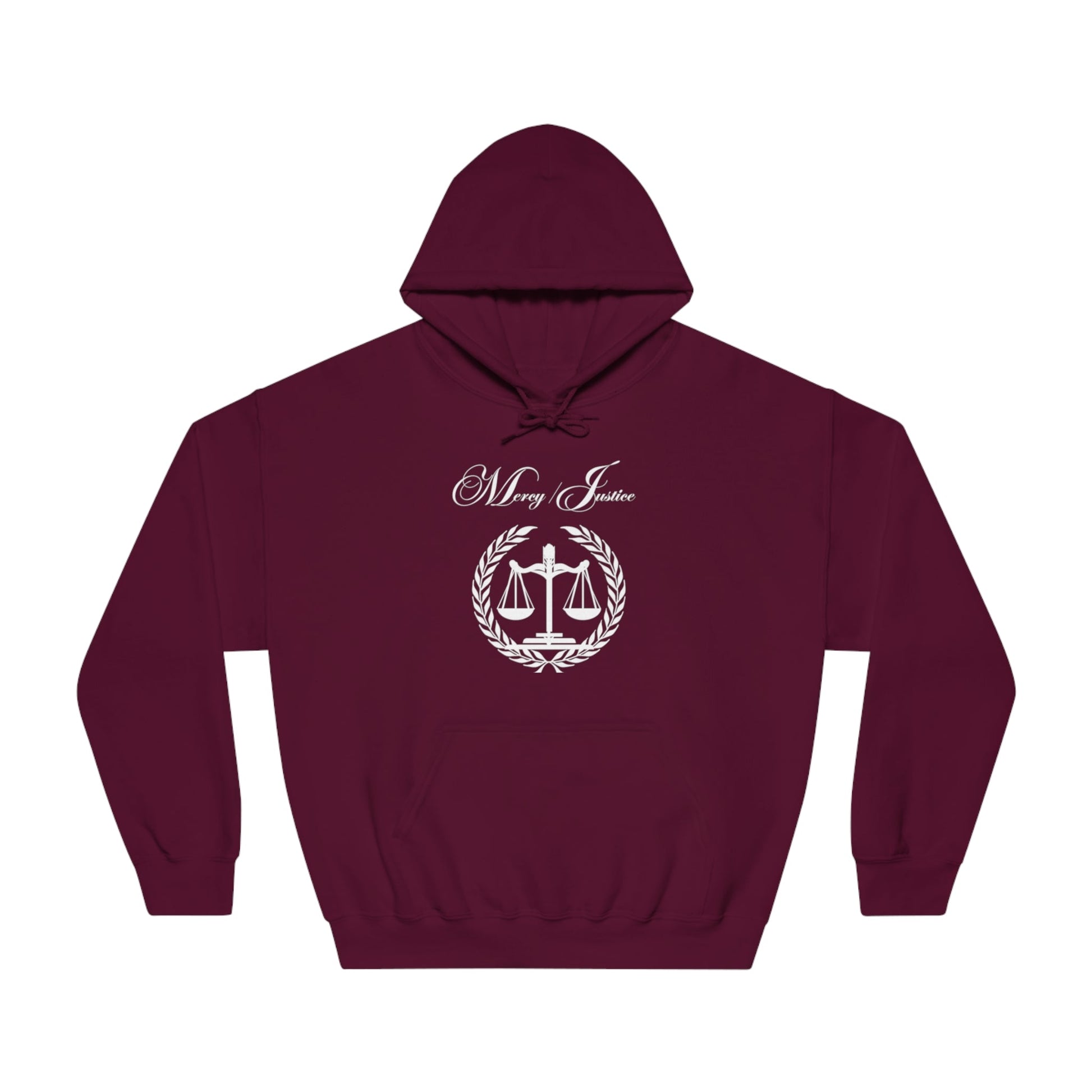 Mercy/Justice White Letters Unisex DryBlend® Hooded Sweatshirt - criminaljusticereformationalliancestore.com