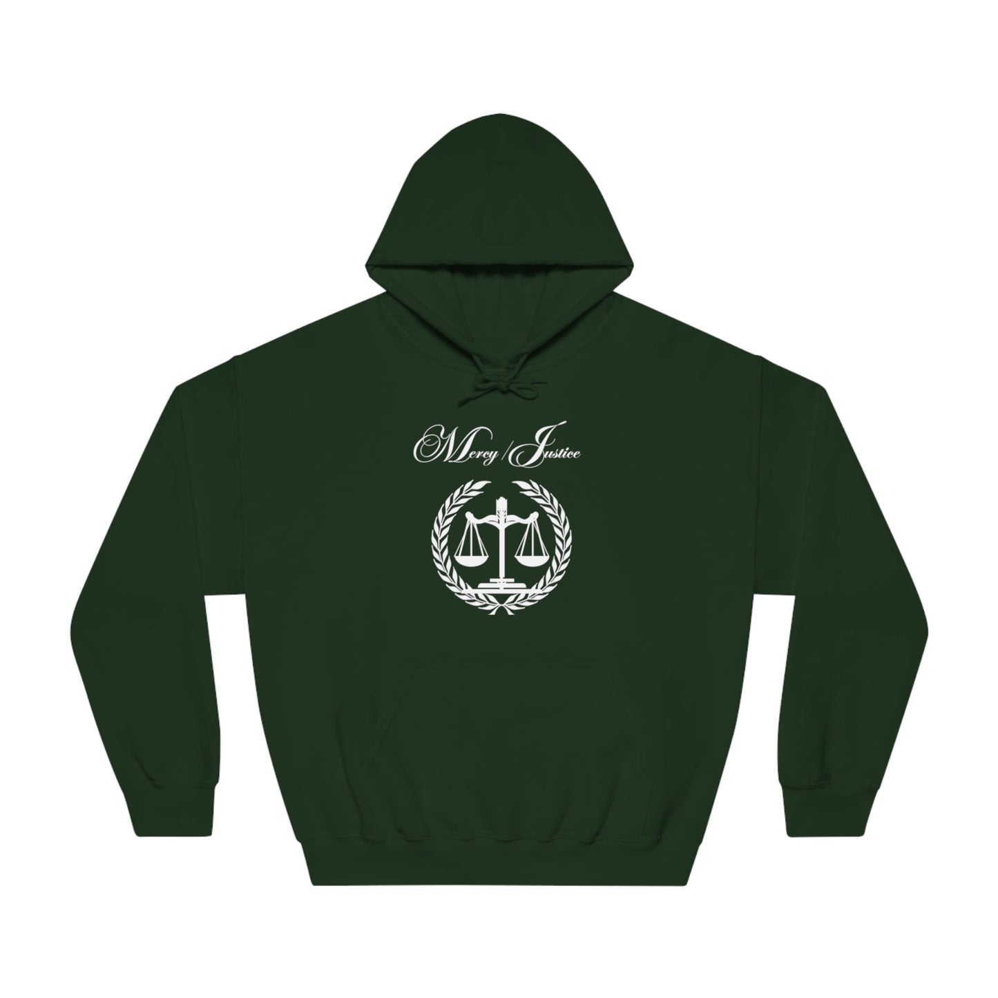 Mercy/Justice White Letters Unisex DryBlend® Hooded Sweatshirt - criminaljusticereformationalliancestore.com