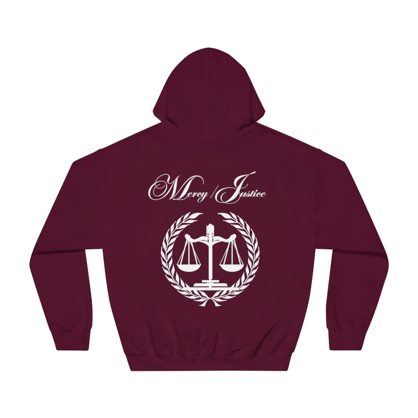 Mercy/Justice White Letters Unisex DryBlend® Hooded Sweatshirt - criminaljusticereformationalliancestore.com