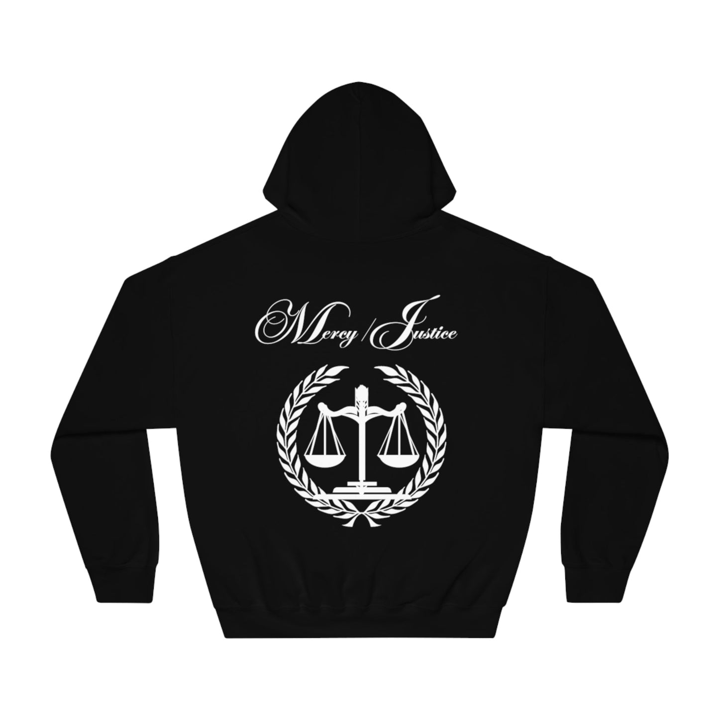 Mercy/Justice White Letters Unisex DryBlend® Hooded Sweatshirt - criminaljusticereformationalliancestore.com