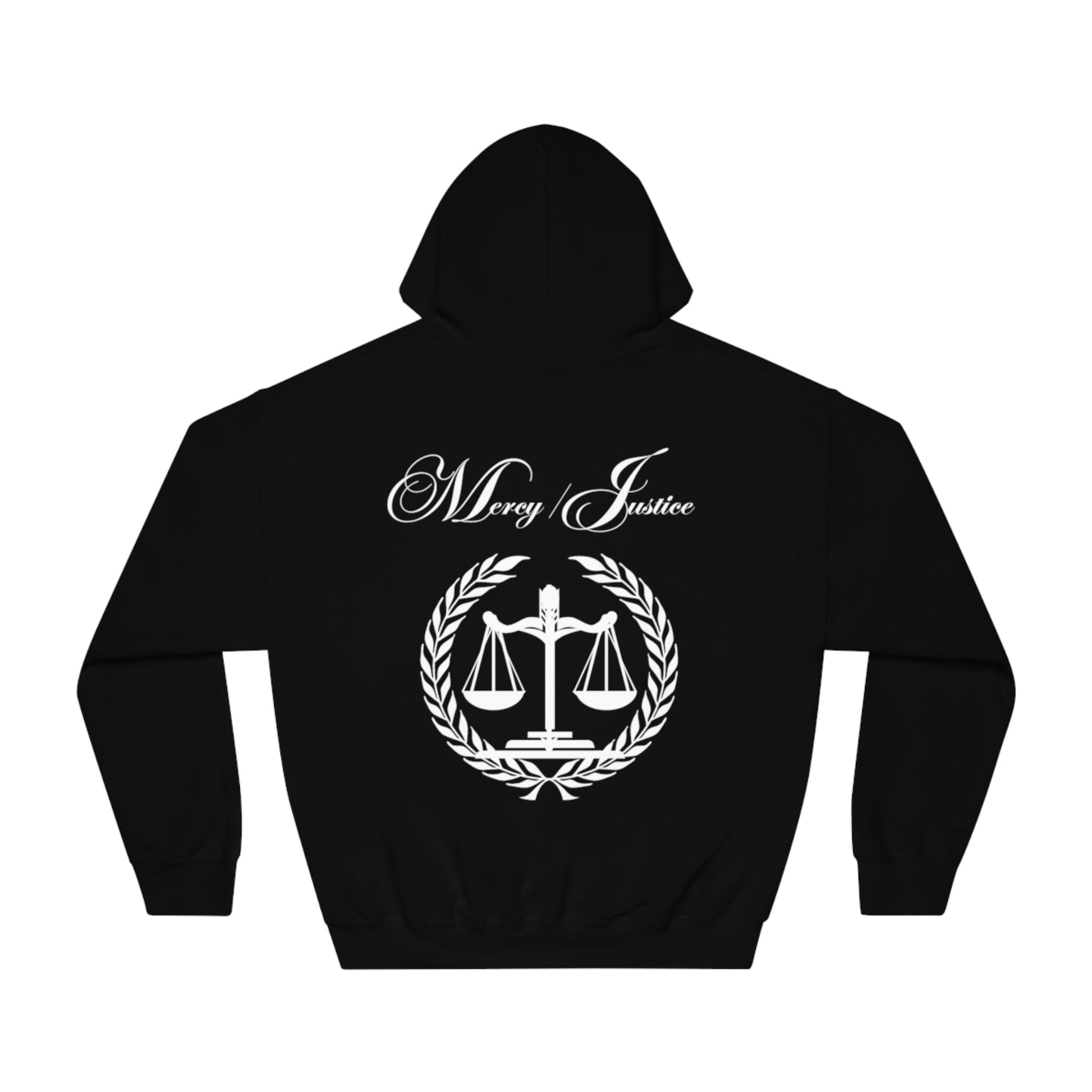 Mercy/Justice White Letters Unisex DryBlend® Hooded Sweatshirt - criminaljusticereformationalliancestore.com